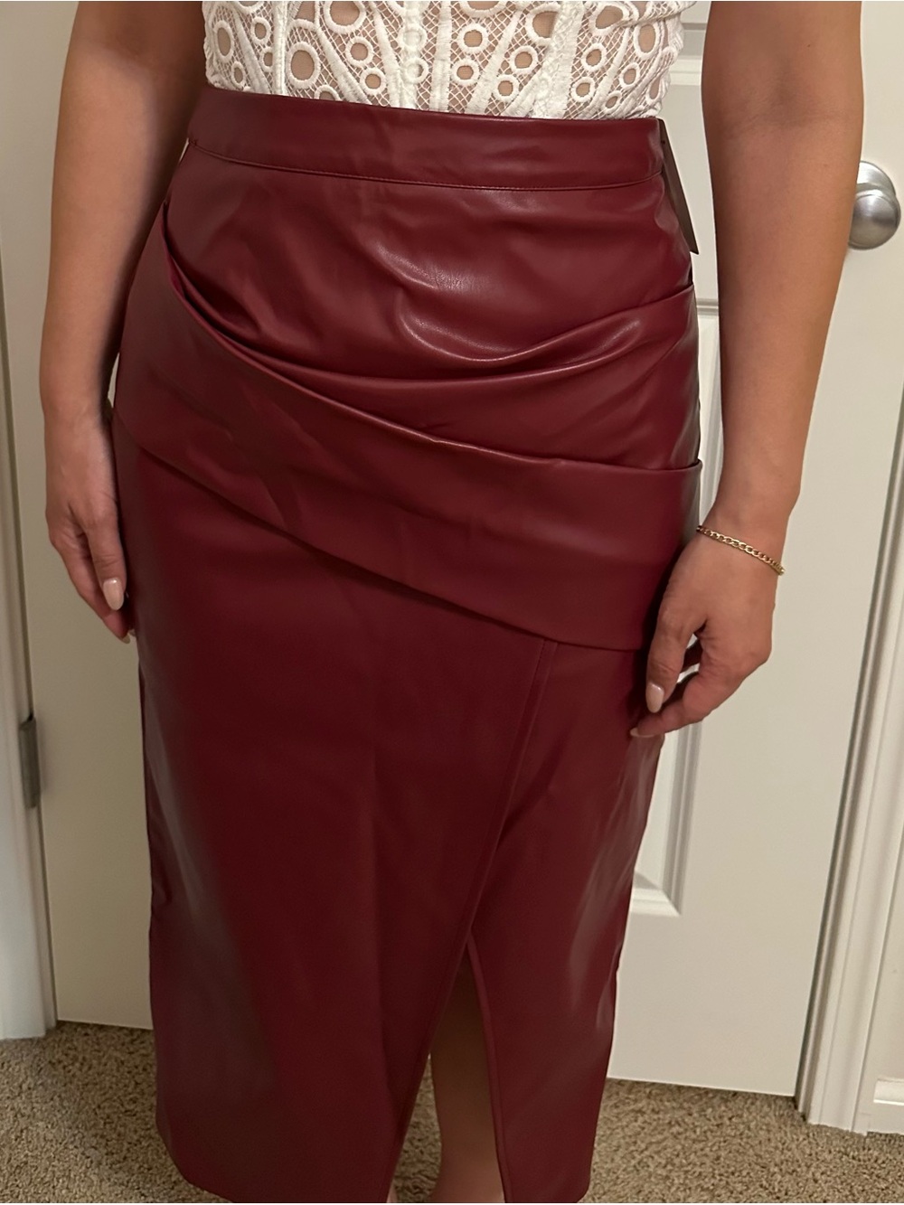 Commense Burgundy Faux Leather Midi Skirt